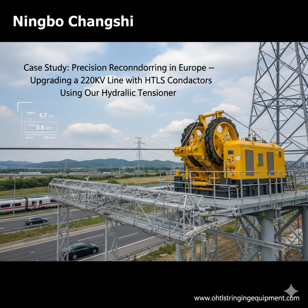 Case Study: Precision Reconductoring in Europe – Upgrading a 220kV Line with HTLS Conductors Using Our Hydraulic Tensioner